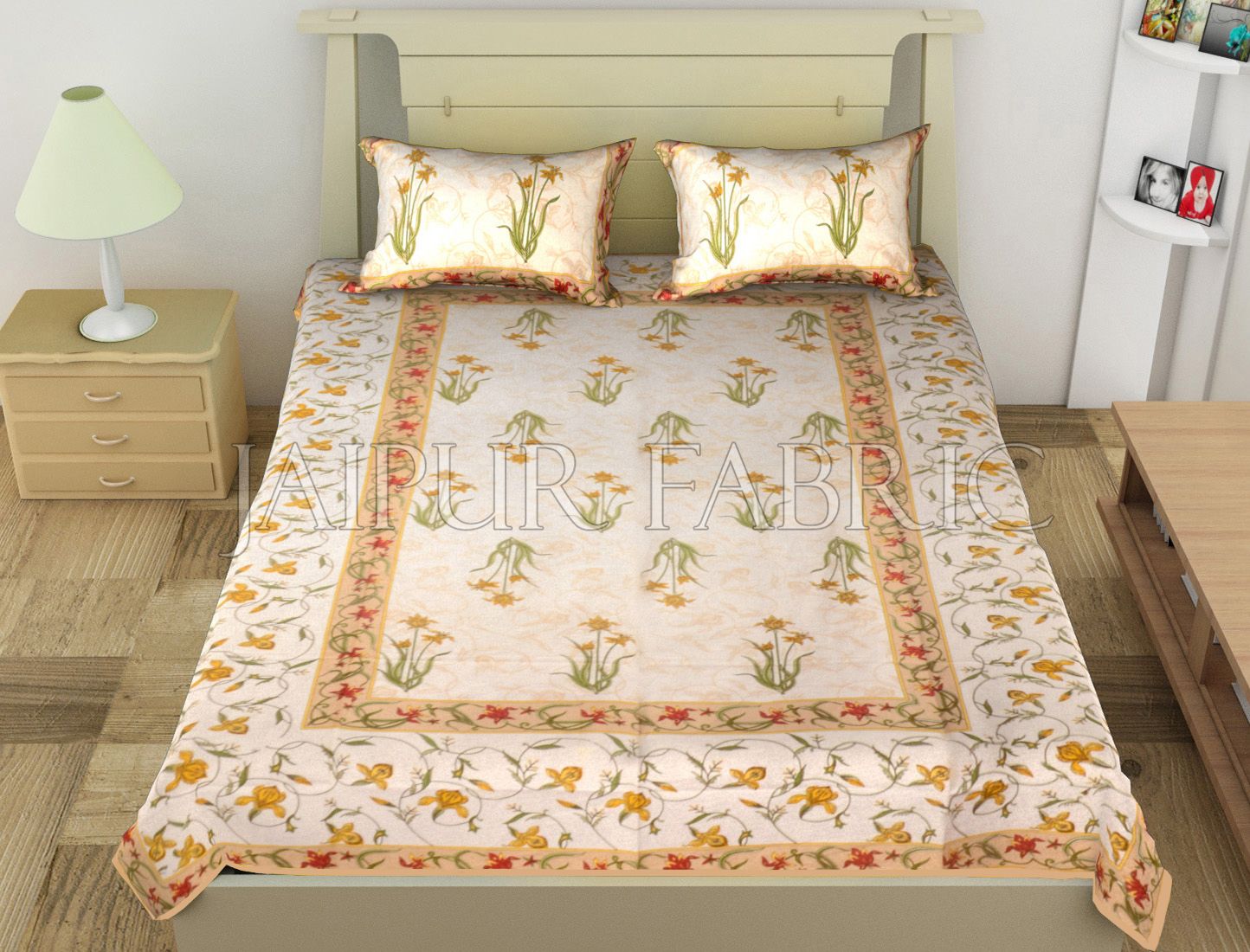 Beige Border Lotus Floral Printed Cotton Single Bed Sheet