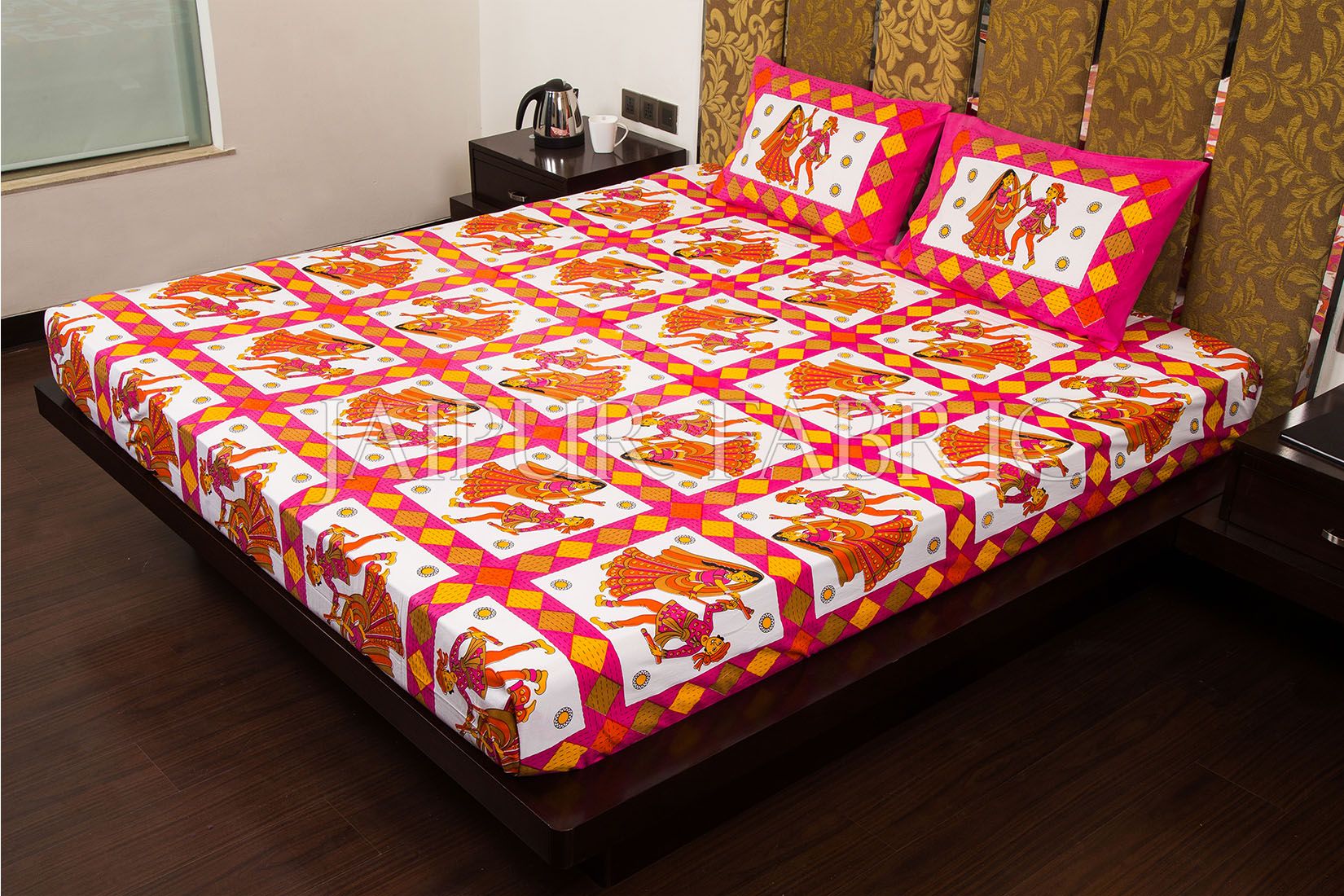 Pink Base Jaipuri Folk Dance Cotton Double Bed Sheet
