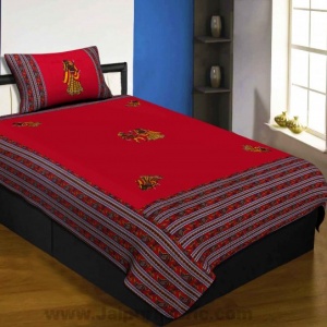Applique Red Dandiya Jaipuri  Hand Made Embroidery Patch Work Single Bedsheet