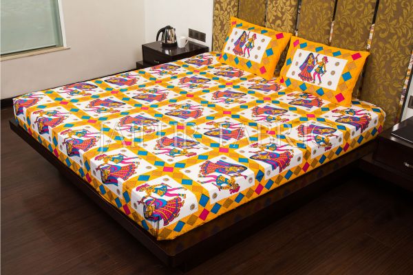 Yellow Base Jaipuri Folk Dance Cotton Double Bed Sheet