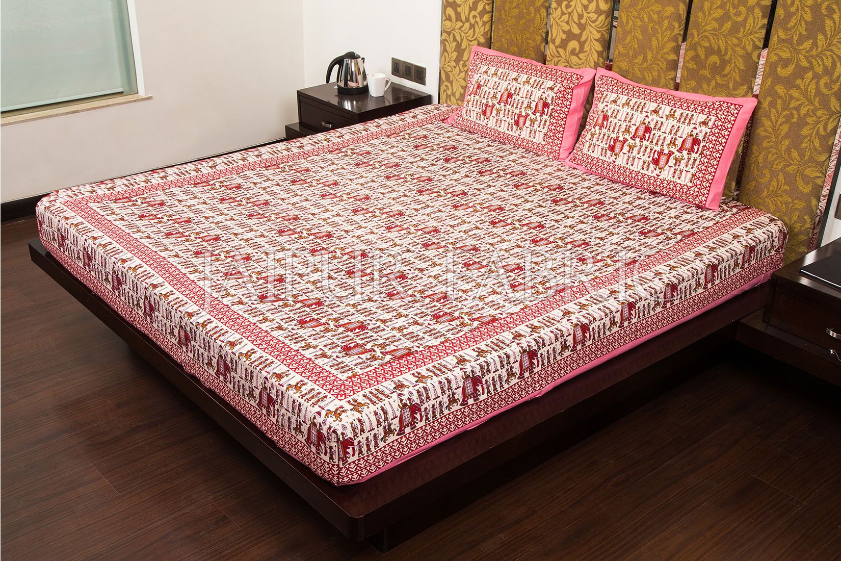 Pink Pastel Color Jaipuri Fat Wedding Print Cotton Double Bed Sheet