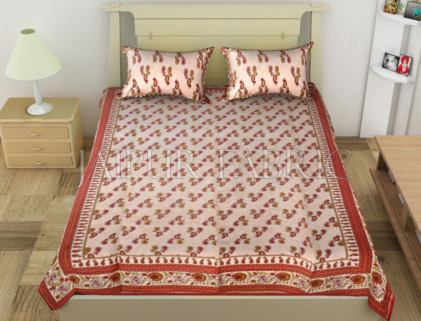 Red Anthemion Pattern Cotton Single Bed Sheet