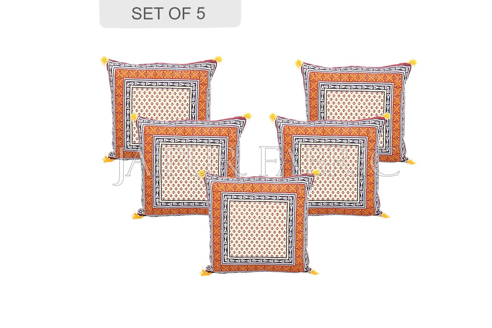 Orange Jaipuri Block Golden Print Cotton Cushion Cover