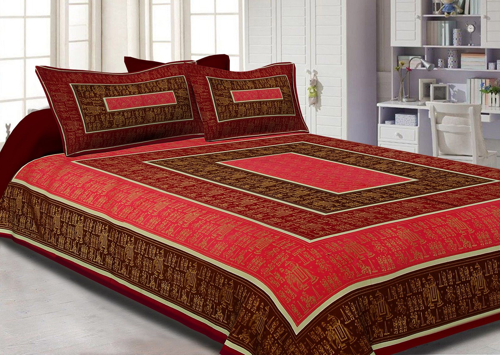 Maroon Border GoldeN Barat In Rectangle Pattern Super Fine Cotton Double Bedsheet