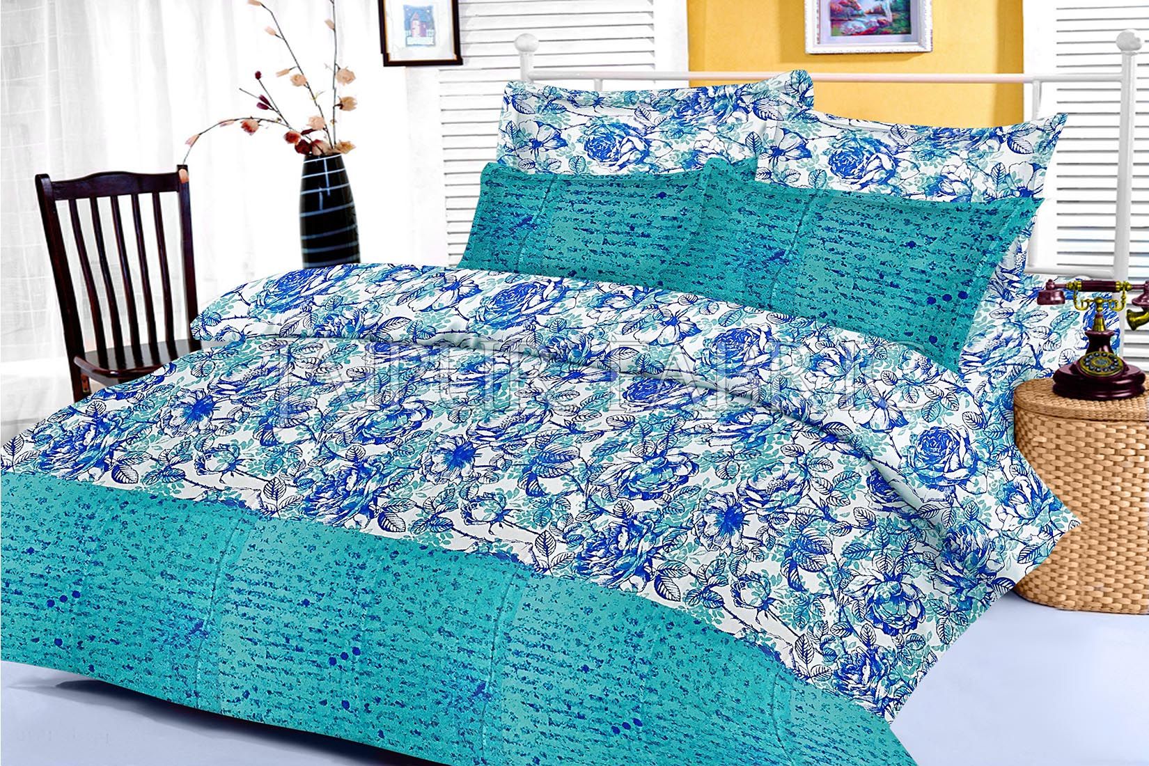 Cyan Floral Base Abstract Print Border King Size Cotton Bed Sheet