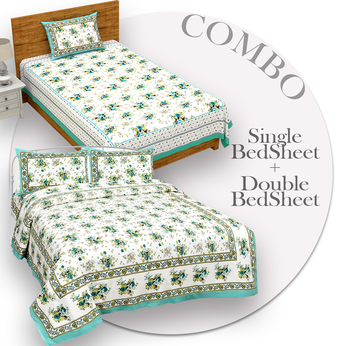 COMBO370 Beautiful Sea Green Colour Combo Set of 1 Single and 1 Double Bedsheet With 3 Pillow Cover