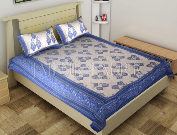 Blue Border Boteh Printed Cotton Single Bed Sheet