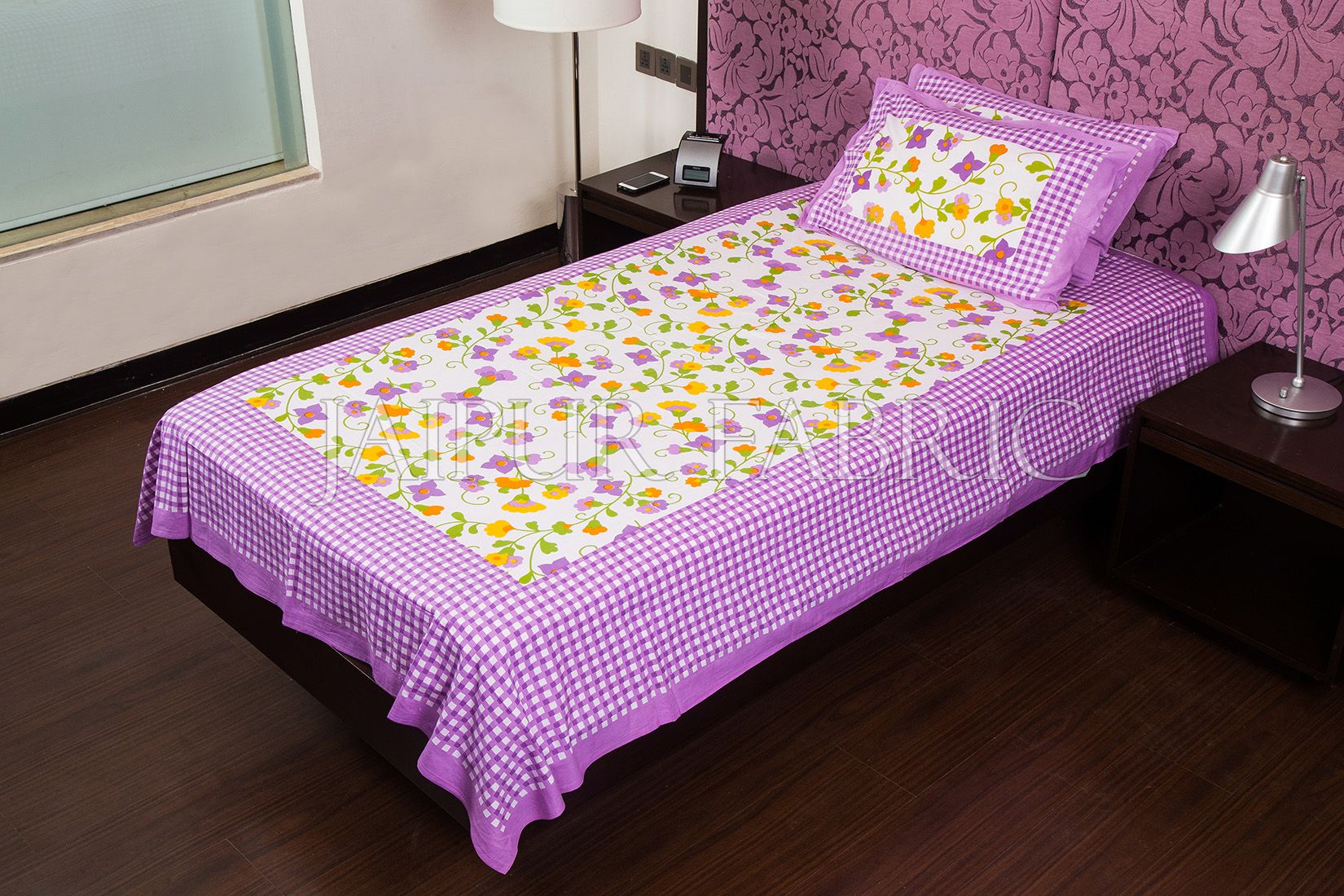 Purple Checks White Base Floral Print Single Cotton Bed sheet