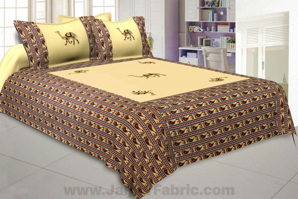 Applique Cream Camel Jaipuri  Hand Made Embroidery Patch Work Double Bedsheet