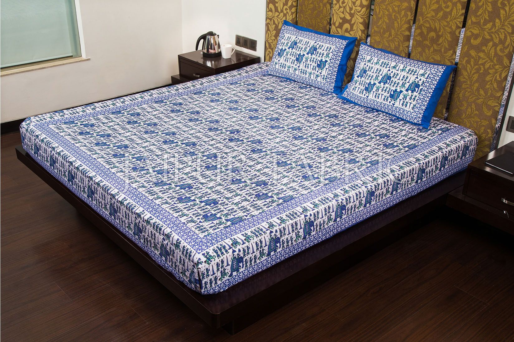 Blue Pastel Color Jaipuri Fat Wedding Print Cotton Double Bed Sheet