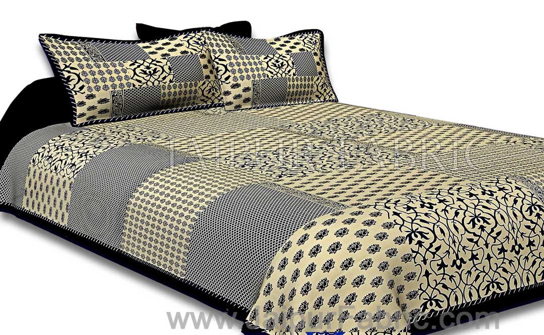 Black Border With Small Lotus Rangoli And Check Print Designer Patrn Fine Coton Poplin Double Bedsheet With Two Pillow Cover