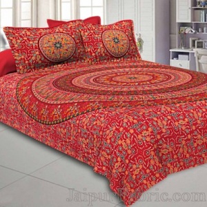 Ruby Red Mandala Bedsheet Tapestry Floral Print With 2 Pillow Covers