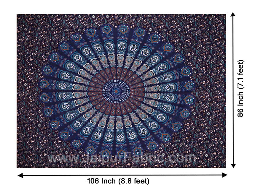 Navy Blue Mandala Bedsheet Tapestry Floral Print With 2 Pillow Covers
