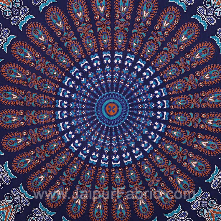 Navy Blue Mandala Bedsheet Tapestry Floral Print With 2 Pillow Covers