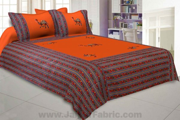 Applique Orange Camel Jaipuri  Hand Made Embroidery Patch Work Double Bedsheet