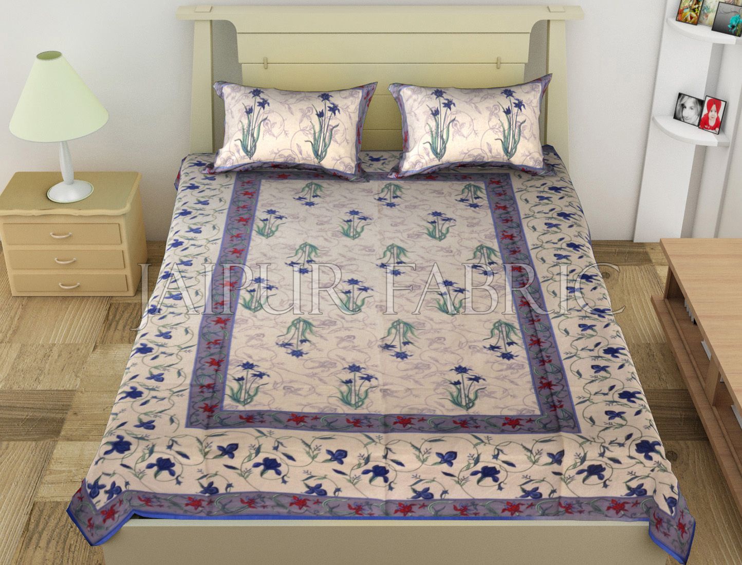 Blue Border Lotus Floral Printed Cotton Single Bed Sheet