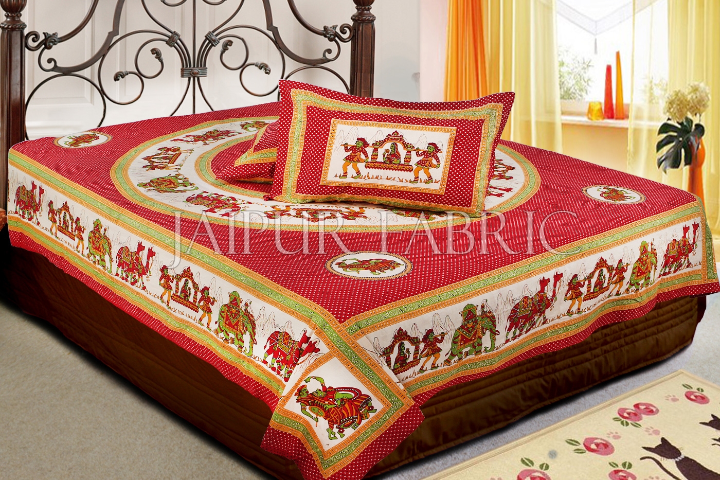 Red Base Rajasthani Doli Hand Block Print And Folk Dance Design Double Bed Sheet with Pillows Cover