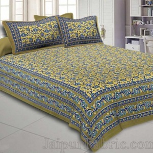 Double Bedsheet Olive Green Floral Bud Jaal Print With 2 Pillow Covers