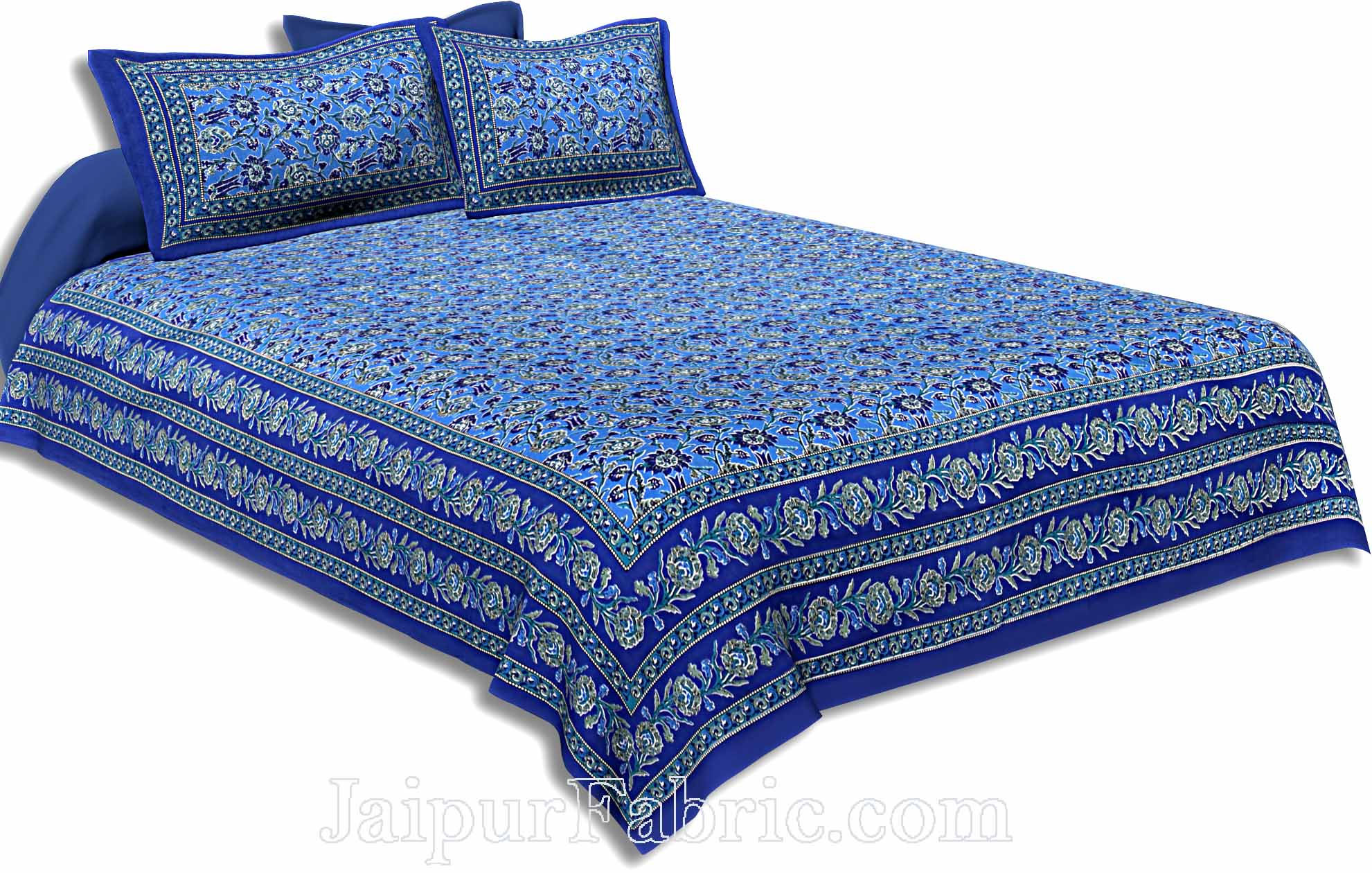 Double Bedsheet Azure Blue Floral Bud Jaal Print With 2 Pillow Covers