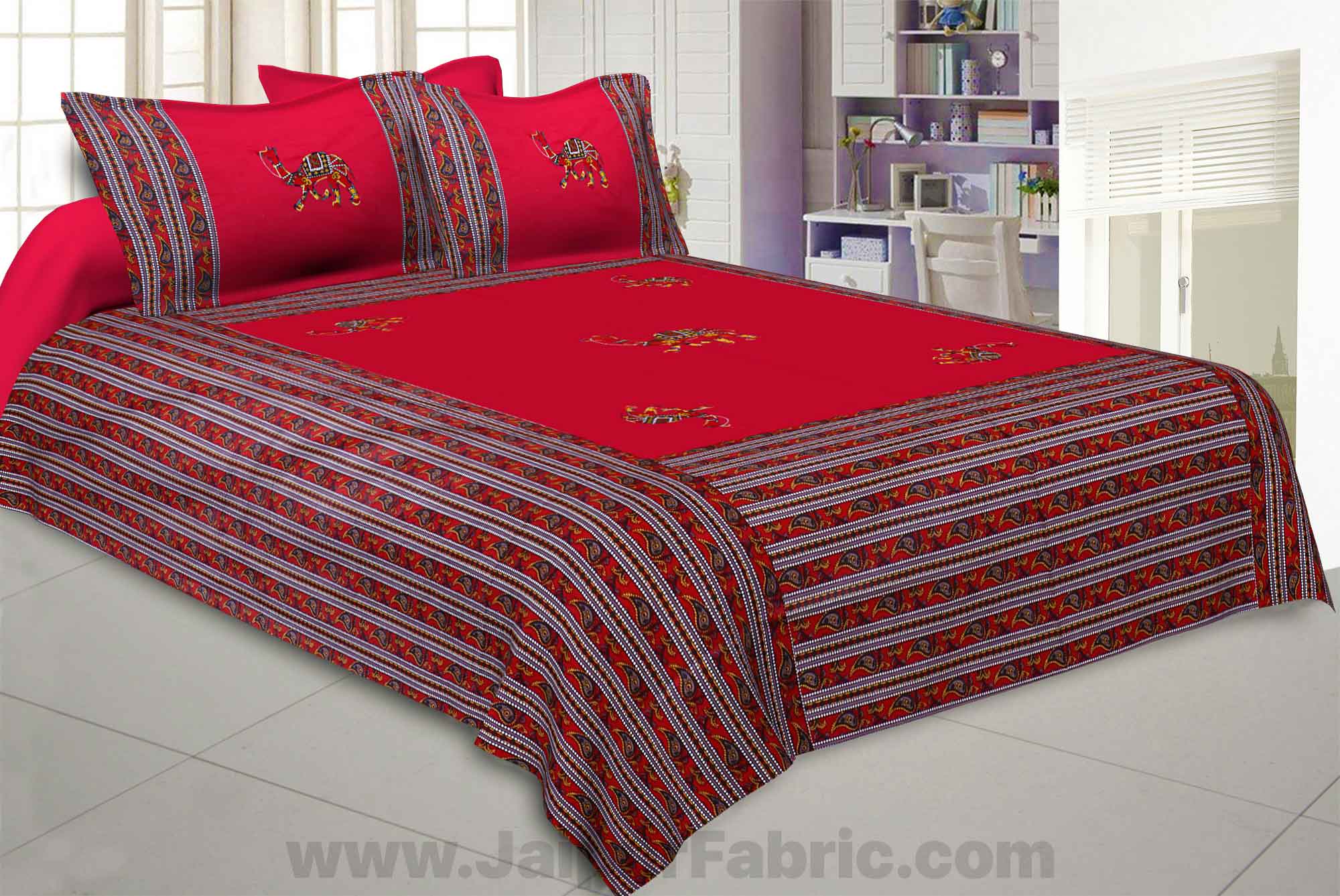 Applique Red Camel Jaipuri  Hand Made Embroidery Patch Work Double Bedsheet