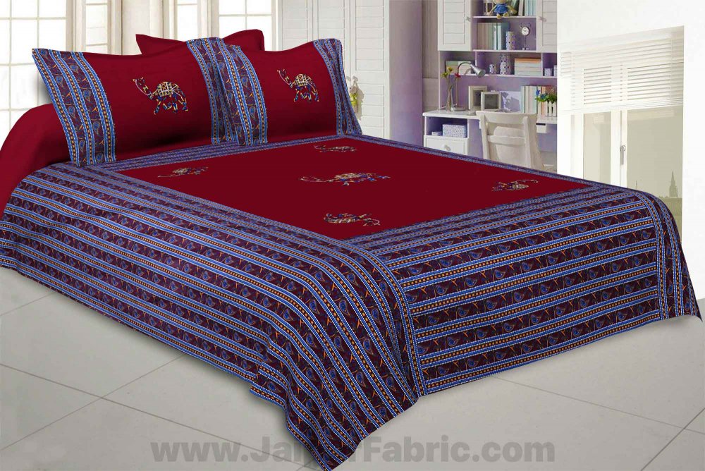 Applique Maroon Camel Jaipuri  Hand Made Embroidery Patch Work Double Bedsheet