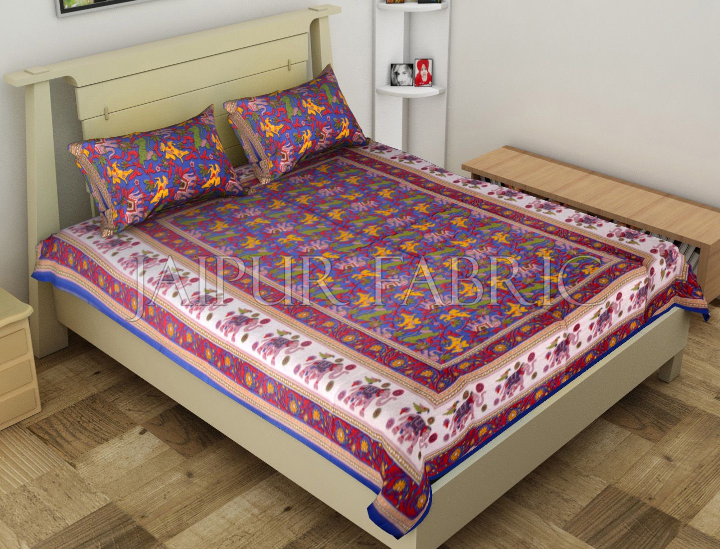 Blue Elephant and Tropical Printed Rajasthani Cotton Single Bed Sheet