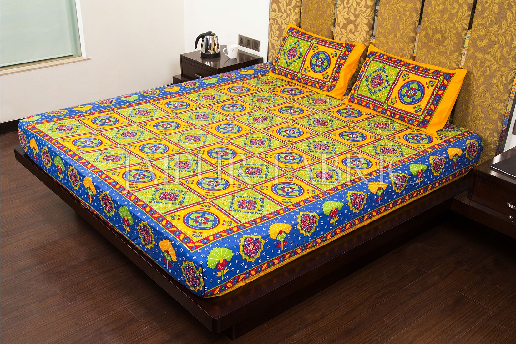 Yellow Royal Jaipuri Print Cotton Double Bed Sheet