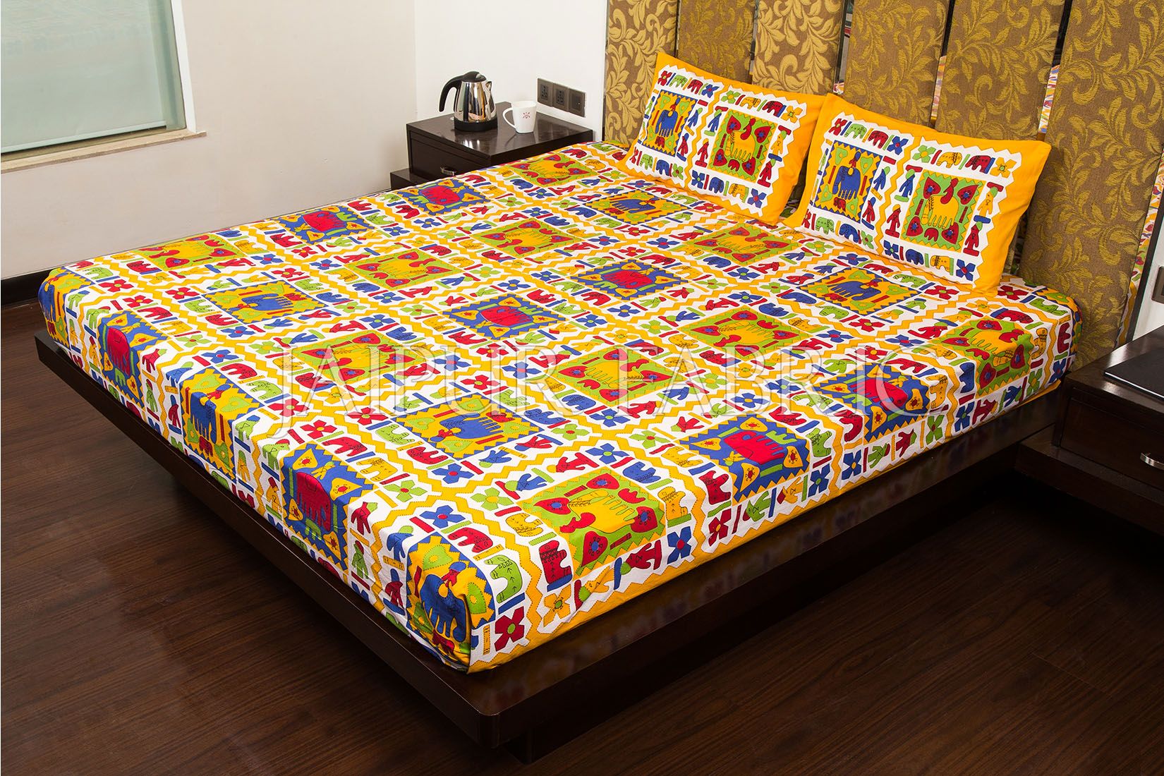 Yellow Border Multi Color Cotton Double Bed Sheet