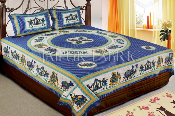 Blue Base Rajasthani Doli Hand Block Print And Folk dance Design Double Bed Sheet with Pillows Cover
