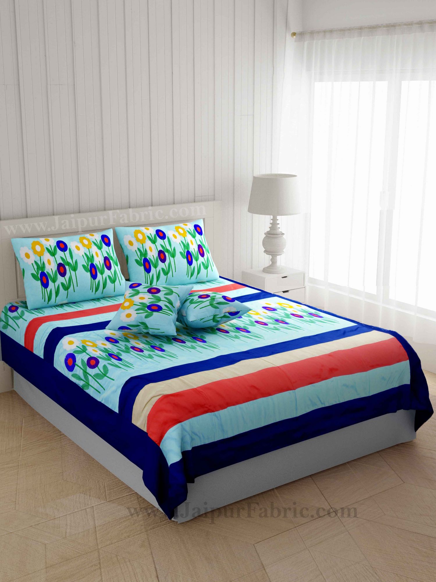 Ethnic Thread-work Flowery Blue Silk Double Bed Cover