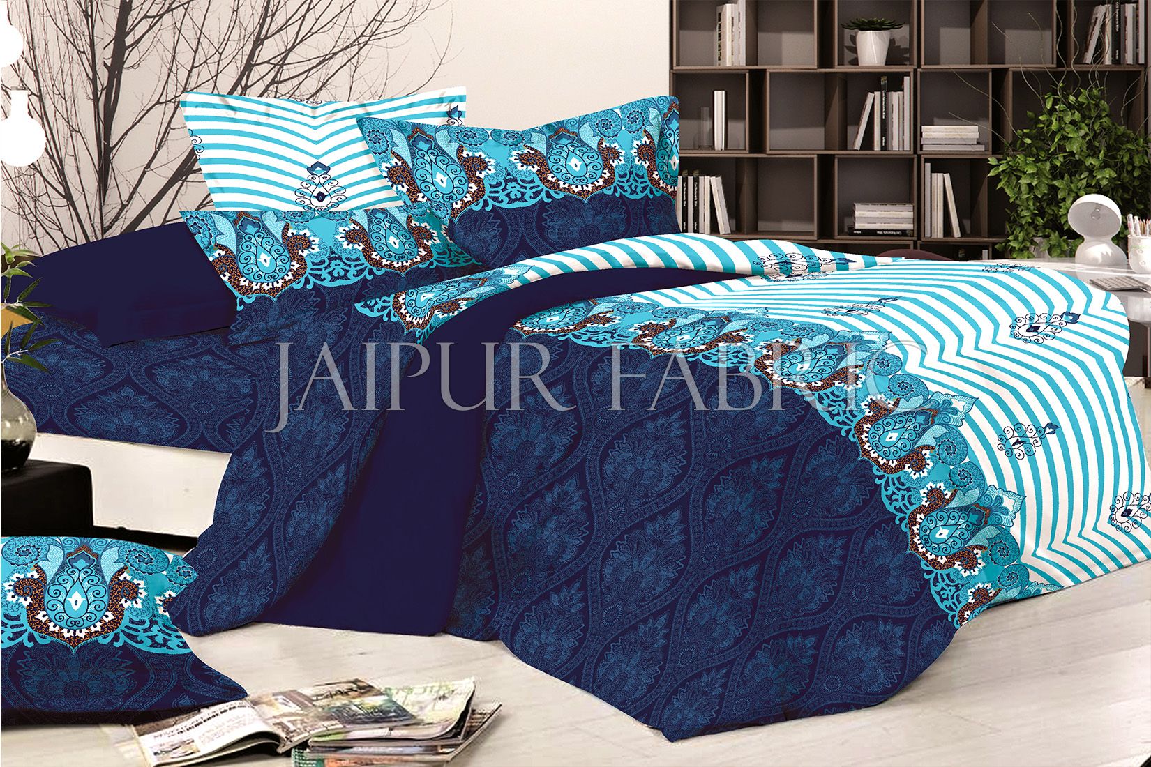 Blue and White Rajasthani Design Double Bed Sheet