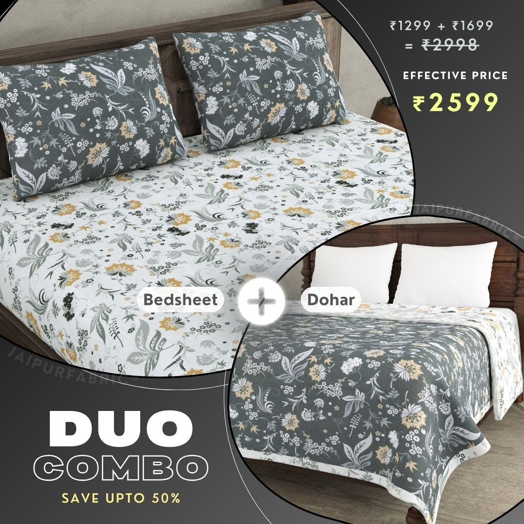 Flowery Spring Grey and Off White Dohar and Bedsheet Combo