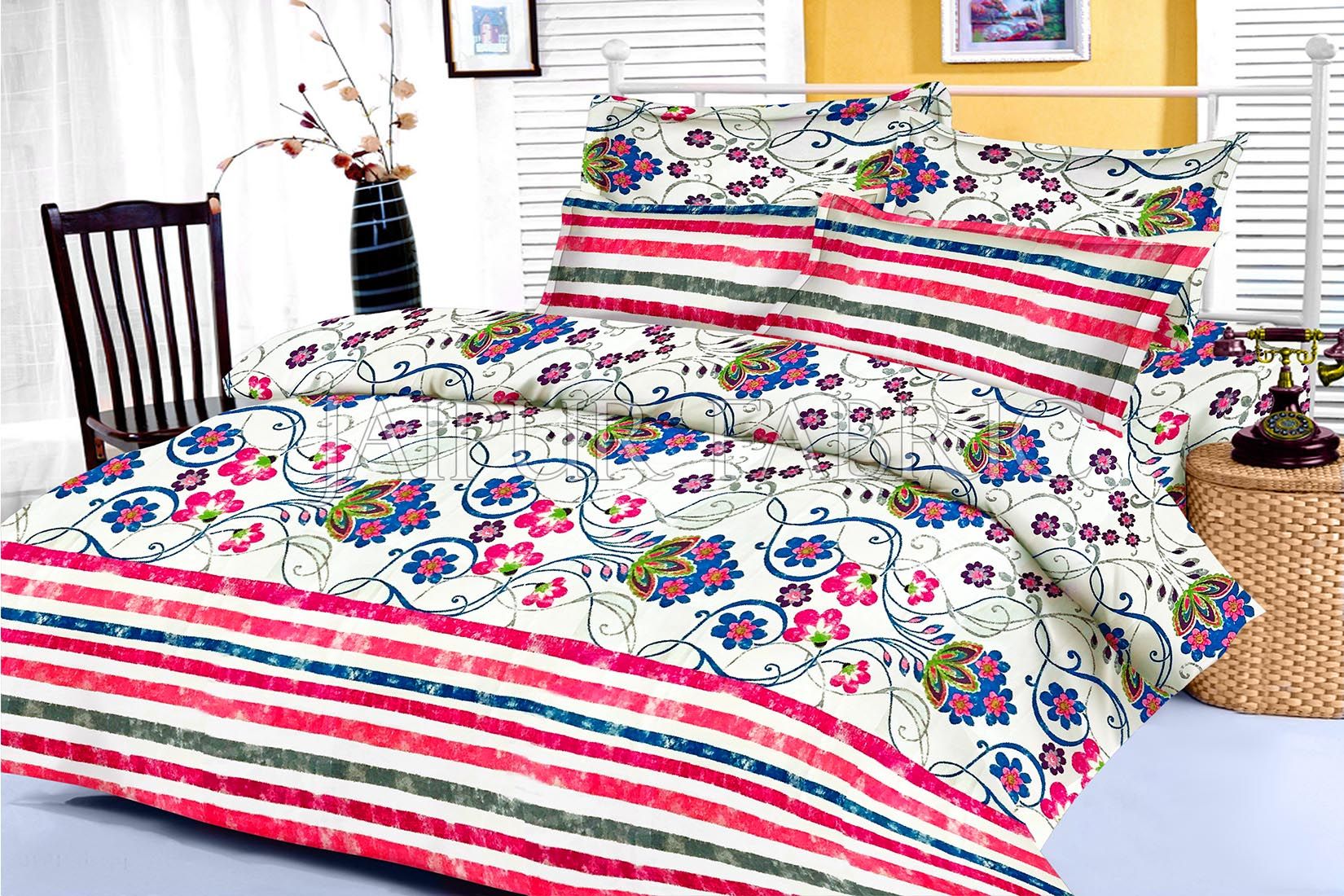 Pink Floral and Slanting Stripe Border King Size Cotton Bed Sheet