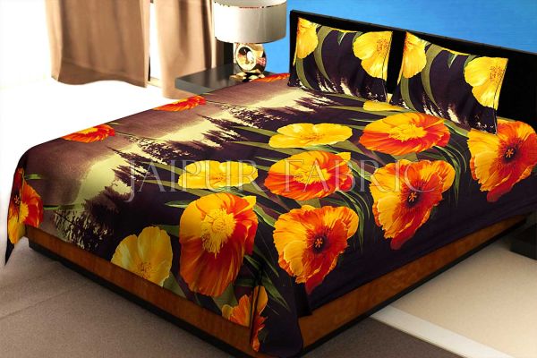 Yellow Floral Print Cotton Double Bed Sheet