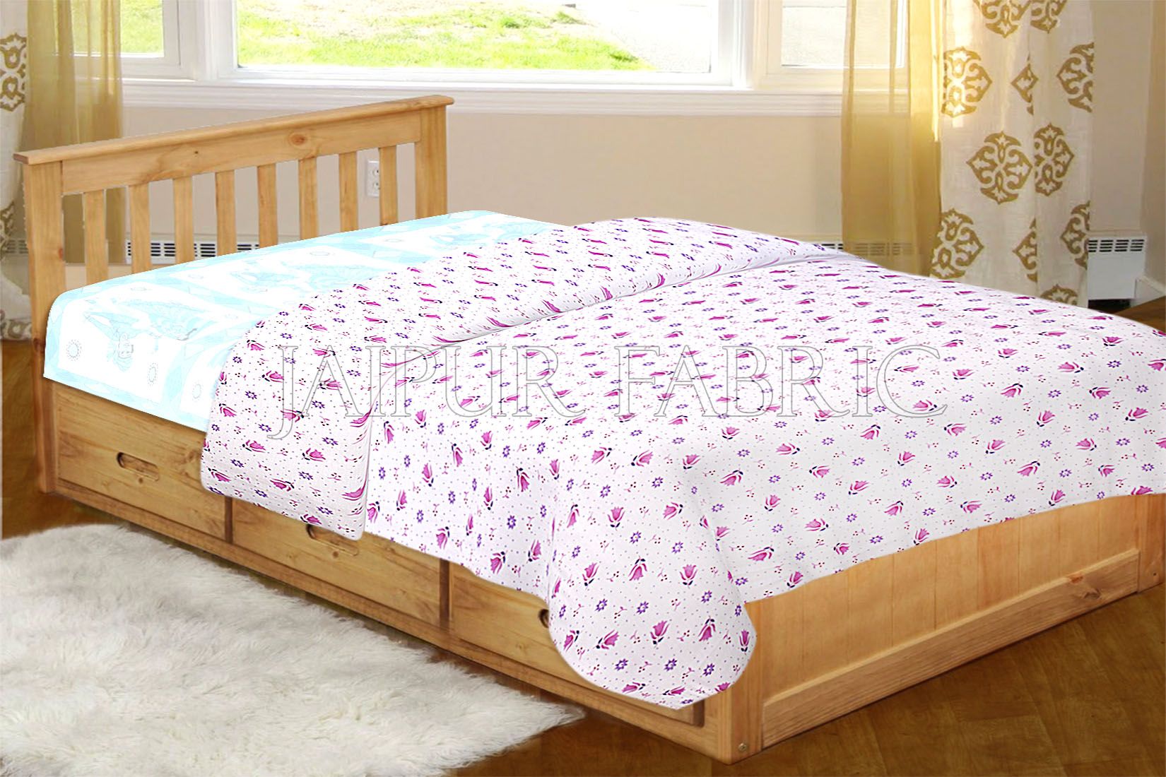 White Base Pink Floral Print Single Bed Dohar