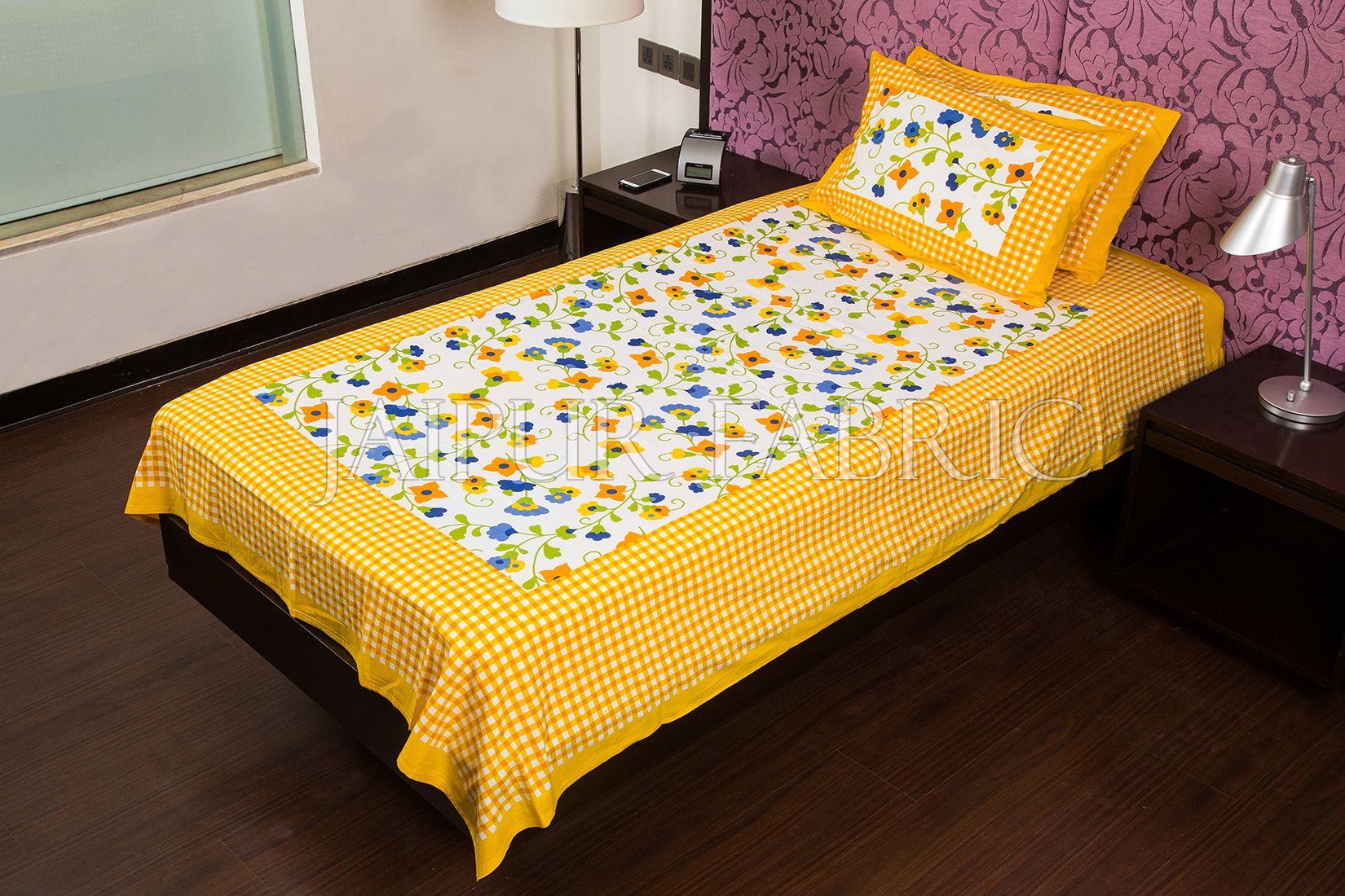 Yellow Checks White Base Floral Print  Single Cotton Bed sheet