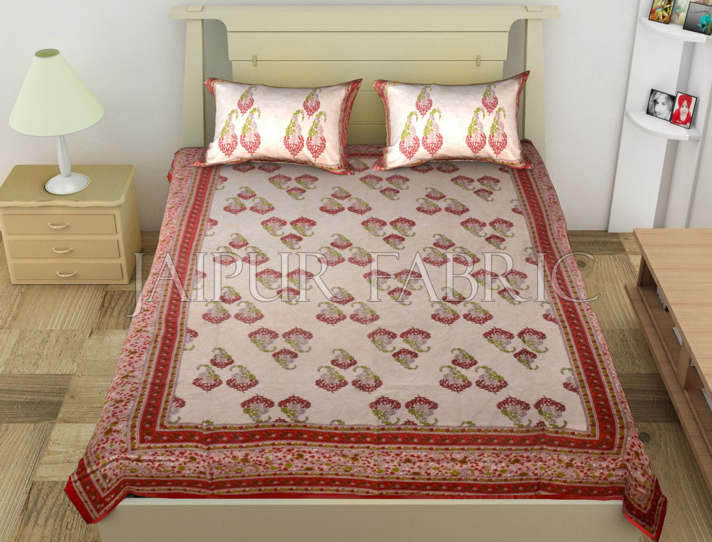 Red Border Boteh Printed Cotton Single Bed Sheet