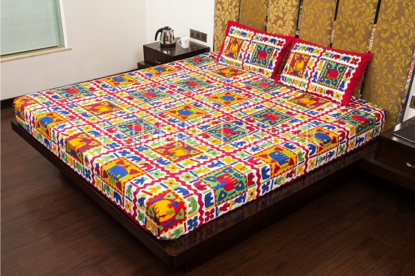 Red Border Multi Color Cotton Double Bed Sheet