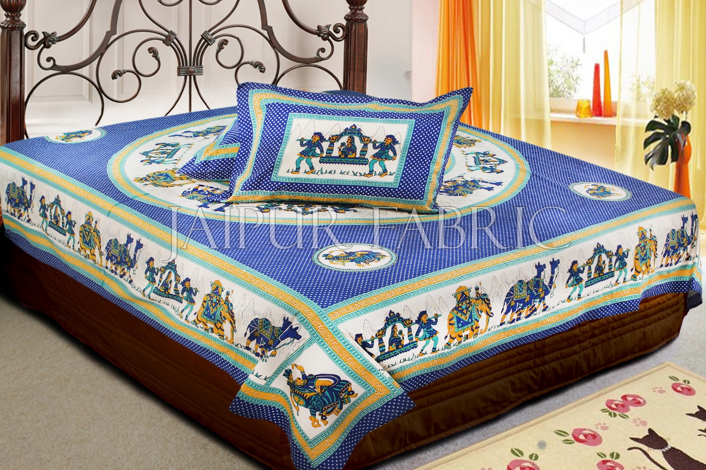 Blue Base Rajasthani Doli Hand Block Print And Folk dance Design Double Bed Sheet with Pillows Cover