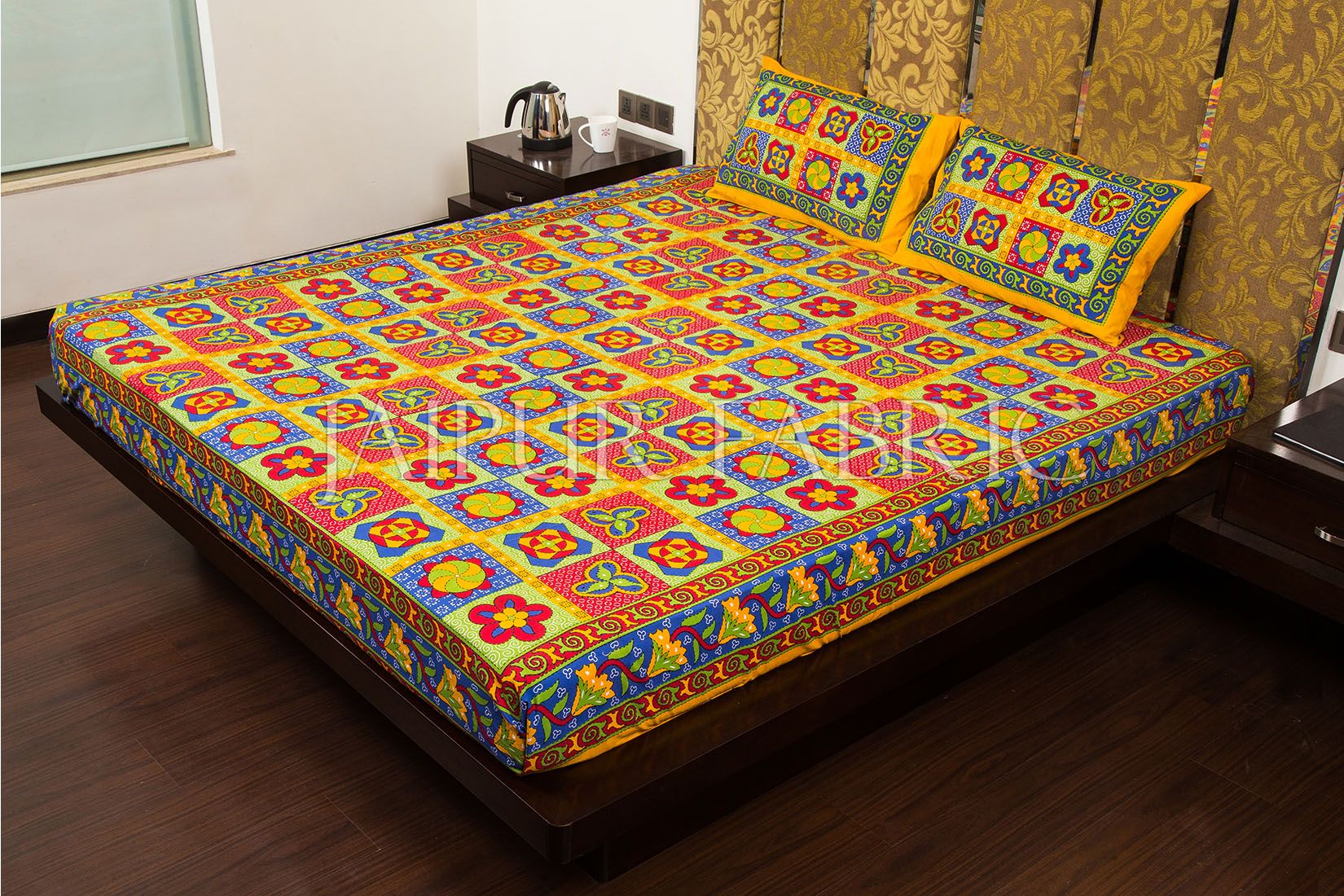 Beige Border Rangoli Print Multi Color Cotton Double Bed Sheet