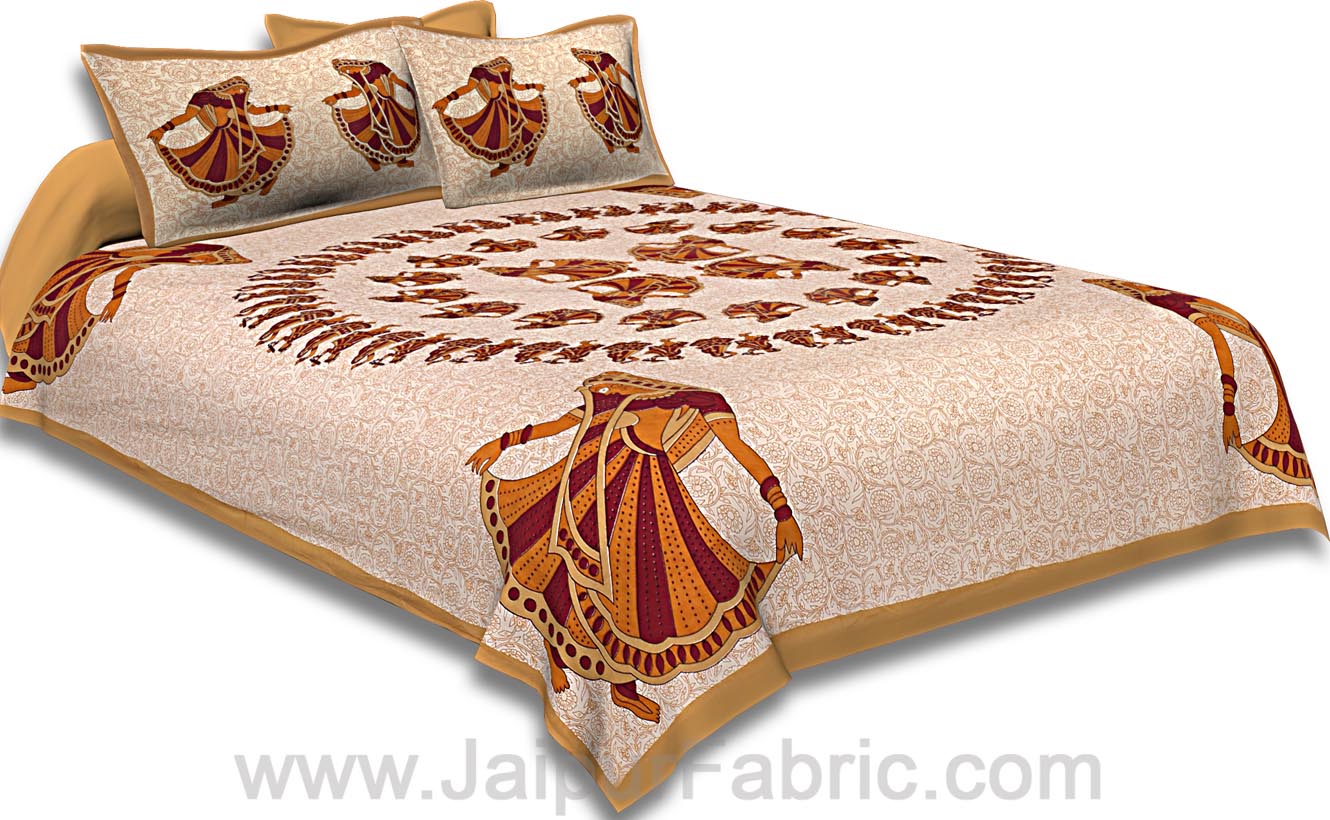 Double Bedsheet Brown Rajasthani Gujri Dance Cotton