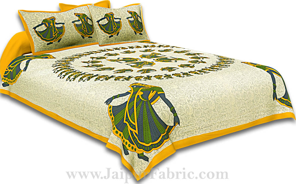 Double Bedsheet Yellow Rajasthani Gujri Dance Cotton