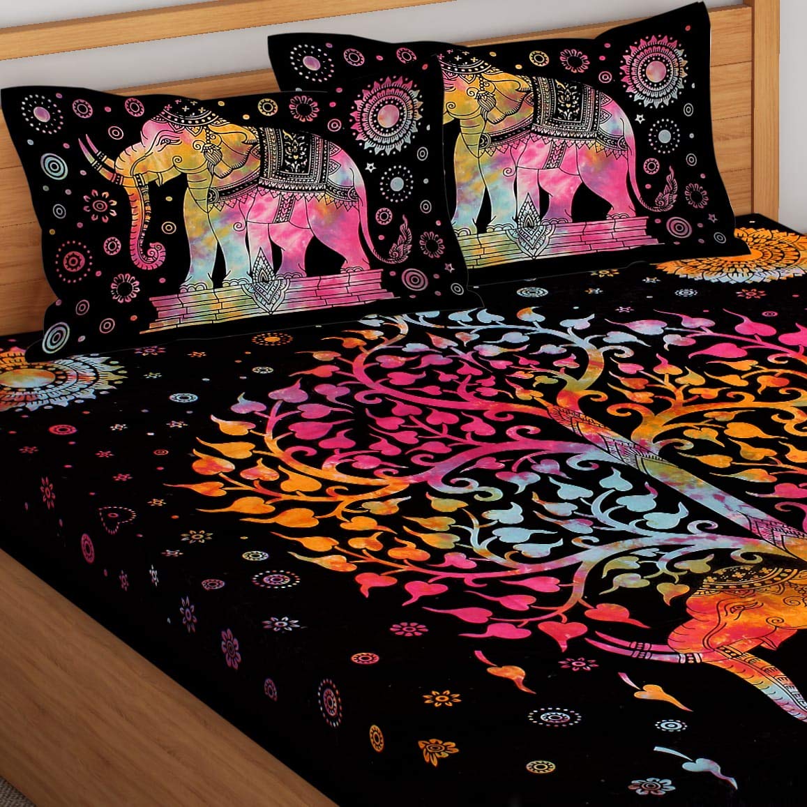 Tie And Dye  Big Elephant And Tree Pattern Cotton Double Bed sheet