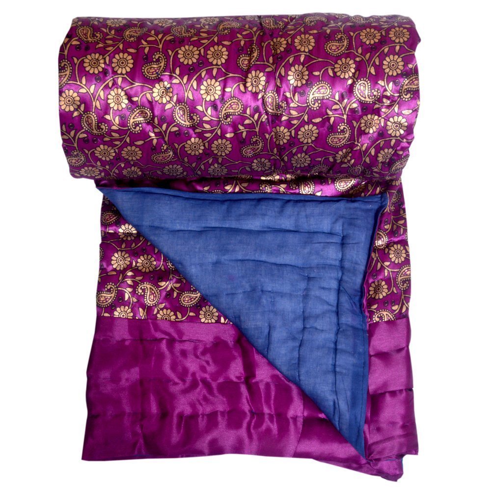 Purple Base Golden Floral Satin Silk Double Bed Quilt