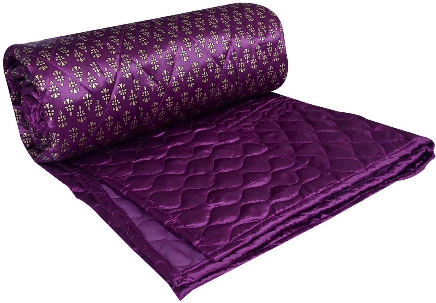 Purple Base Golden Floral Satin Silk Double Bed Quilt