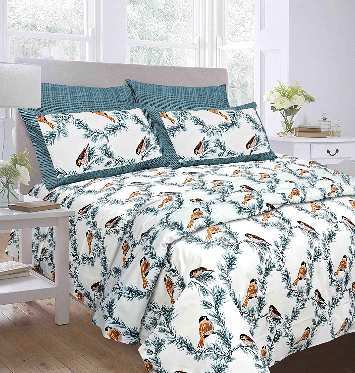 Pure Cotton 240 TC Double bedsheet indian bird print blue