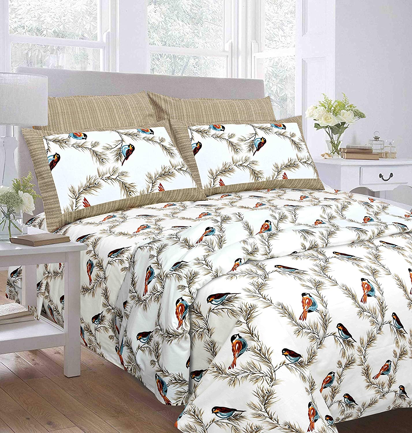 Pure Cotton 240 TC Double bedsheet indian bird print brown
