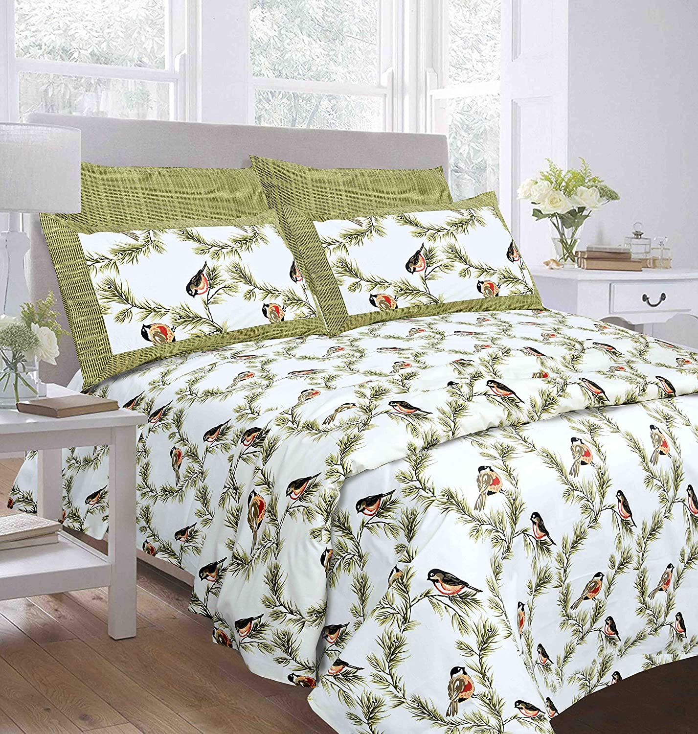 Pure Cotton 240 TC Double bedsheet indian bird print green