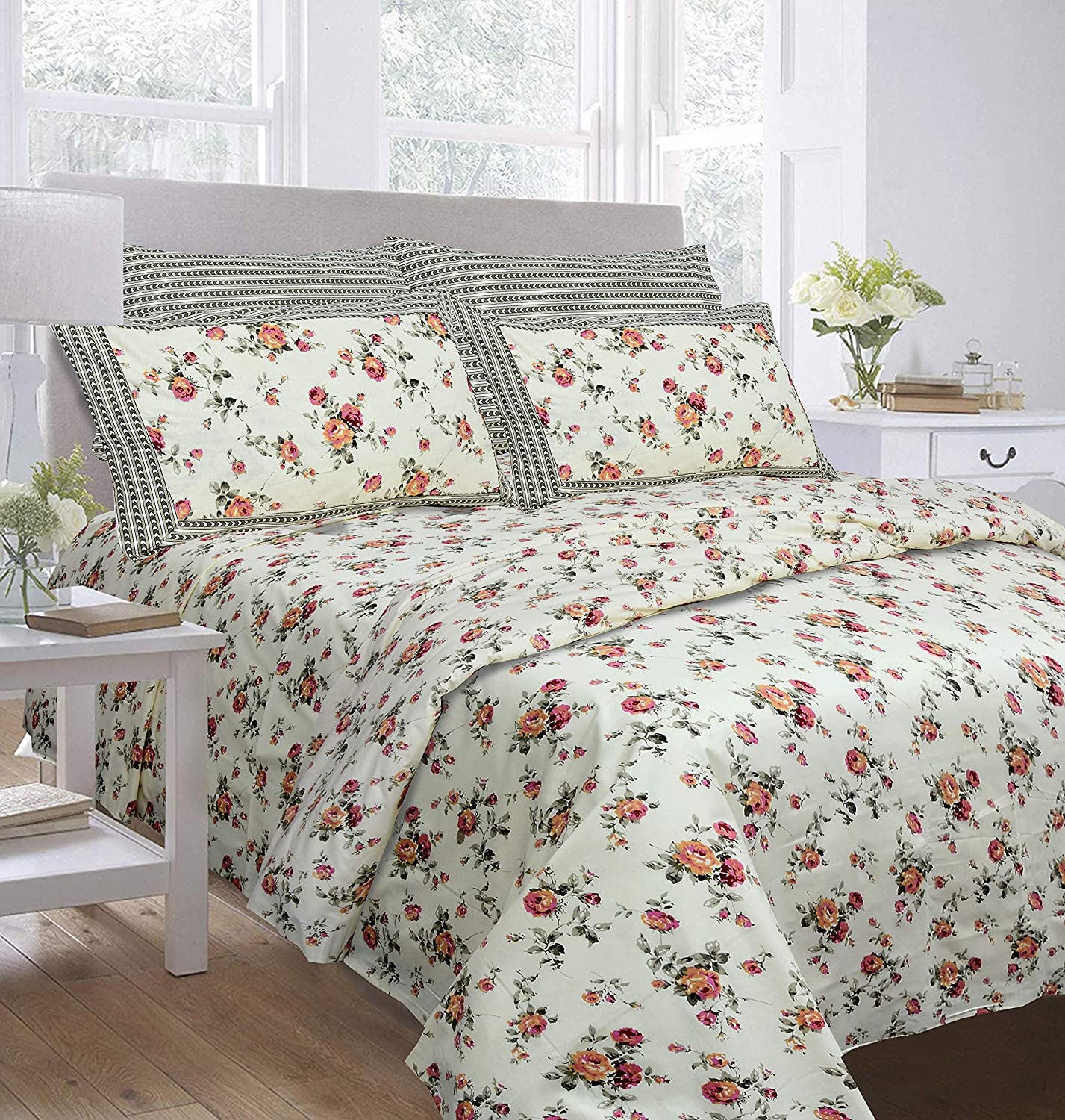 Pure Cotton 240 TC Double bedsheet in cream seamless floral print
