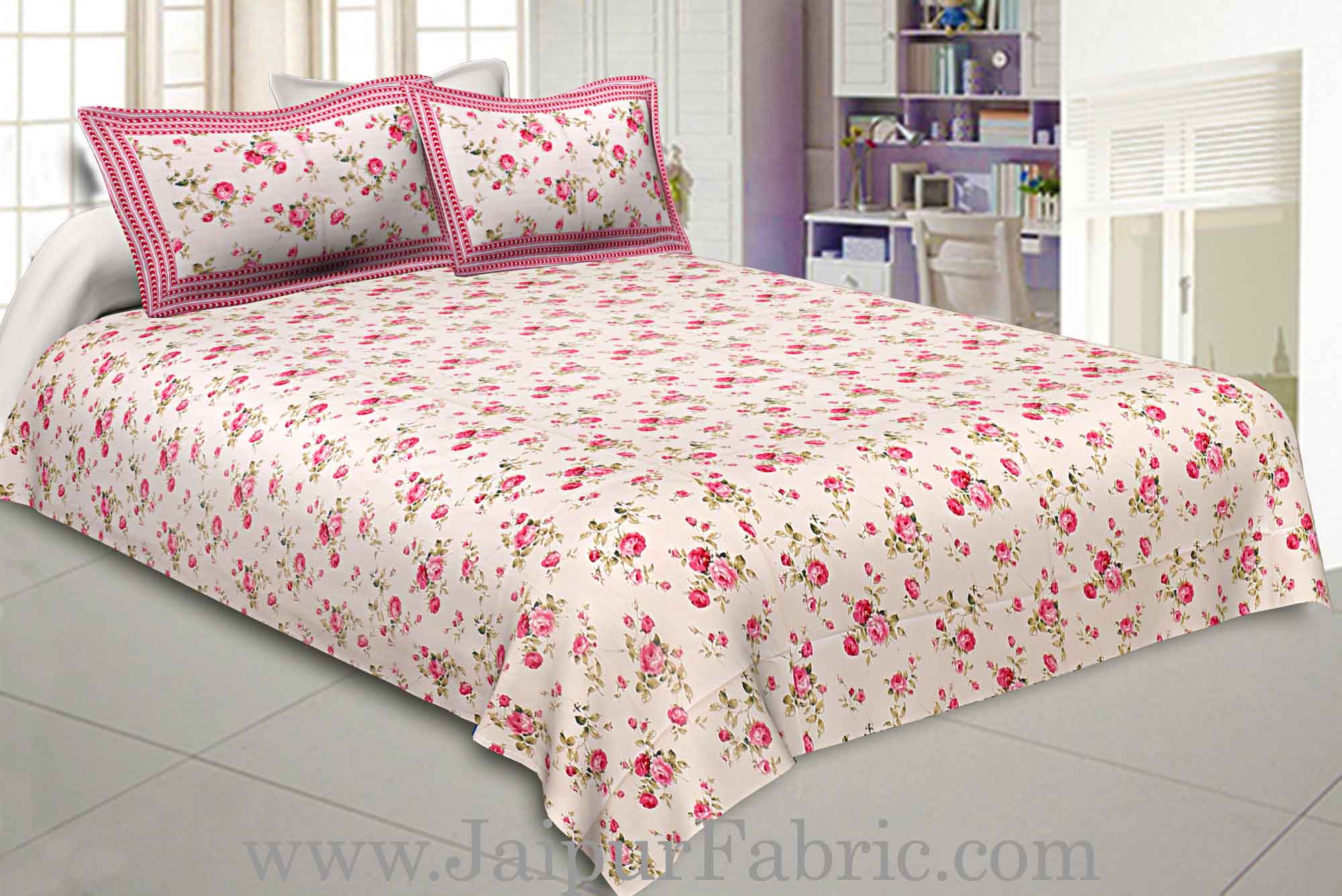 COMBO66 Pink Floral Design 1 Cotton Double Bedsheet + 1 Dohar Combo